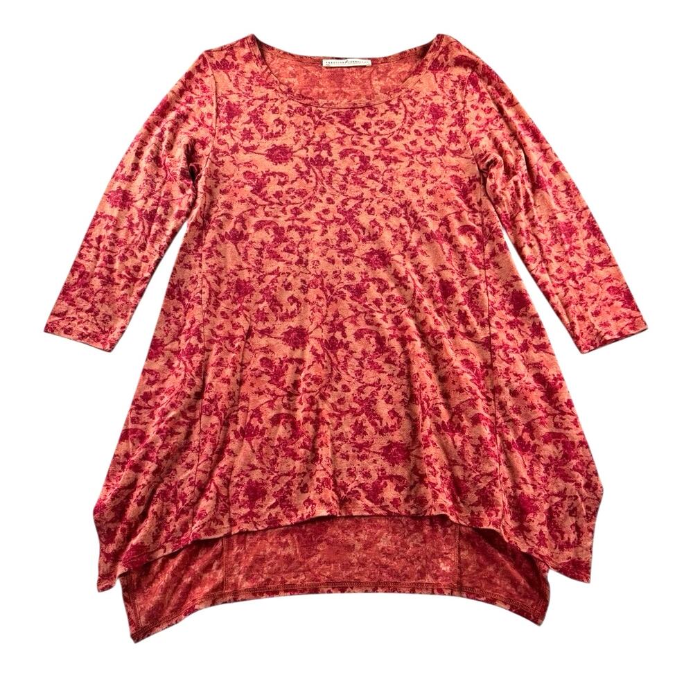 Peruvian Connection Tunic Top Womens S Red Floral 3/4 Sleeve Classic Pima Cotton